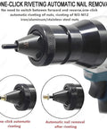 Top Tier Cordless Rivet Gun With Dual 26V Lithium Batteries And Seven Swap Out Tips featuring automatic nail removal and M3-M12 compatibility.