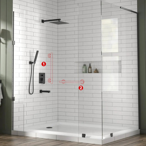 Built Tough Shower Safety Bar For Seniors And Disabled Users mounted in a modern bathroom with glass shower walls.