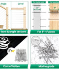Four views of Fifty Pack One Eighth Inch Cable Railing Hardware Kit for 4x4 and 2x2 wood or metal posts in T316 stainless steel.