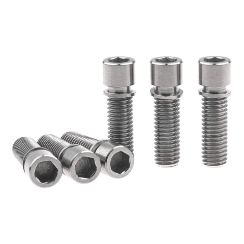 Pack of 6 BMX titanium stem bolts with washers, M8x25mm, made from 6AL4V titanium alloy for lightweight strength and corrosion resistance.