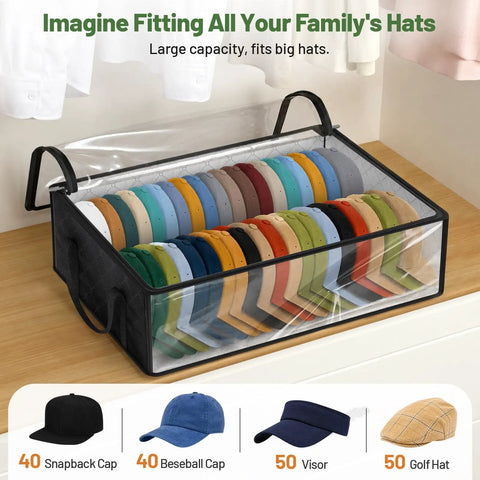 Thick Double Wide Hat Storage Boxes For Baseball Caps Hold Up To Eighty Snapbacks With Zippered Dust Covers, showcasing colorful caps.