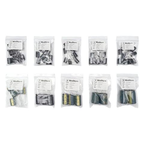 Top Shelf 450V Aluminum Electrolytic Capacitor Kit 65 Pieces Covering One Uf To SixtyEight Uf Great For Diy Electronics And Circuit Repair Hella Reliable E Cap Assortment Bundle in clear packaging.