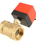 Heavy Duty Two Way Brass Ball Valve With Smart Motorized Actuator Control, DC 12 Volt Dead Quiet Operation side view showing brass body and actuator.