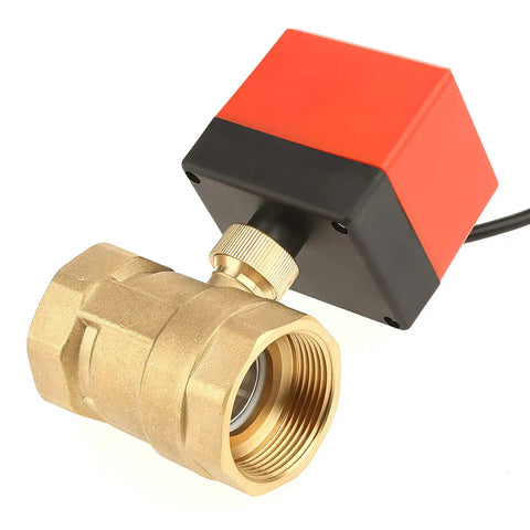 Heavy Duty Two Way Brass Ball Valve With Smart Motorized Actuator Control, DC 12 Volt Dead Quiet Operation side view showing brass body and actuator.
