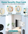 Home Security Door Lock installation steps with heavy duty aluminum construction for inward opening doors.
