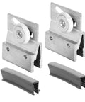 Top Shelf Frameless Shower Door Top Bracket Roller Assembly Featuring Smooth Ride 3/4 Inch Round Plastic Wheels Fits 3/16 Inch Glass No Fuss Setup Heavy Duty Gear 2 Pack with metallic brackets and wheels.