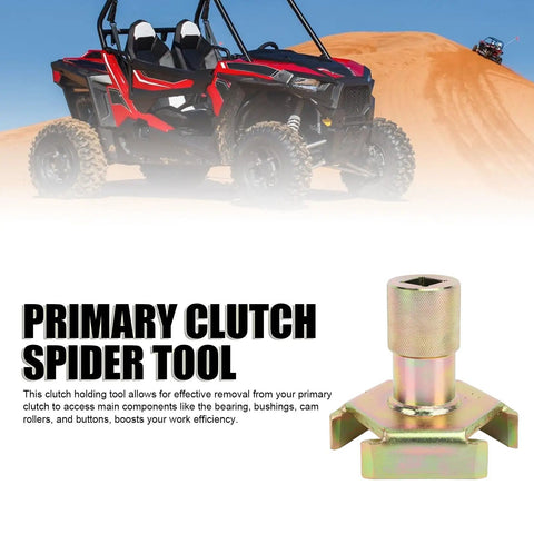 Primary Clutch Spider Tool And Holding Tool With Center Hold Design For P90 P80 1000 XP Sportsman Models, Your Go-To Access Tool For Bearings, Bushings, Cam Rollers, And Buttons For Fast, Easy Clutch Maintenance. Gold metal clutch spider tool for ATV primary clutch service