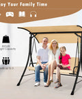 Family sitting on Three Person Porch Swing With Removable Cushions, Solid Steel Frame, Outdoor Patio Swing With Adjustable Canopy