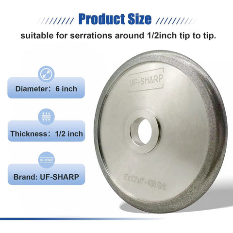 Pro CBN Grinding Wheel For Sharpening Bread Knife Serrations With Steel Adapter Arbor Reliable Rotary Tool Fit For Fast Kitchen Chopping And Sharp As A Tack Edges All Day Long, 6 inch diameter, 1/2 inch thickness, UF-SHARP brand.