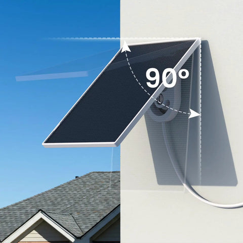 Hassle Free 3W Solar Panel For Wireless Outdoor Security Cameras With 7FT Type C Charging Cable mounted at a 90-degree angle on a wall.