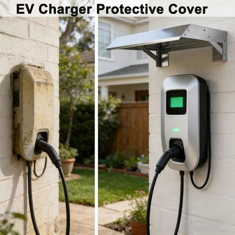 Heavy Duty EV Charger Weather Canopy Cover With Sloped Stainless Steel Top To Beat The Storms, showing two chargers on a wall.
