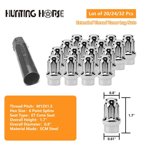 24 Pack Chrome Spline Lug Nuts For Aftermarket Wheels, 12x1.5 Thread With 60 Degree Conical Seat, 1.7 Inch Length, Heavy Duty dual hex with spline key.