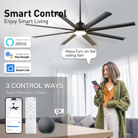 72 Inch Industrial Smart Ceiling Fan With Light And Remote Control Via WiFi Alexa Beast Mode Power With 8 Black Aluminum Blades