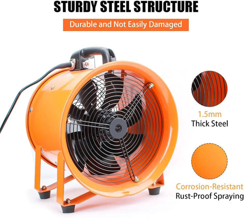 Powerful 12-Inch High Velocity Portable Blower Fan With 33ft Flexible Duct Hose Industrial Exhaust Ventilator front view