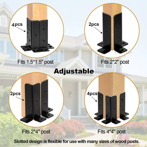8 Pack Adjustable Deck Post Anchor Base Brackets Built Tough For 1.5x1.5, 2x2, 2x4, 4x4 Posts in black, fits multiple post sizes.