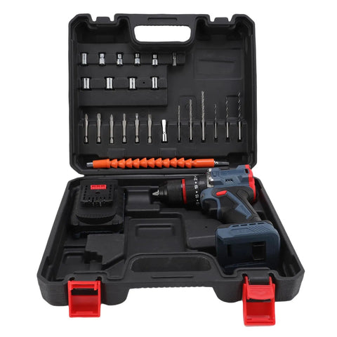 Heavy Duty Brushless Cordless Drill Delivering A Solid 1500 RPM And Kickass 45 Nm Torque Featuring Twenty Five Adjustable Settings in a tool set.