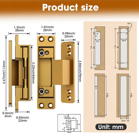 Four Point Five Inch Concealed Door Hinges For Invisible And Folding Doors featuring size measurements and installation details.