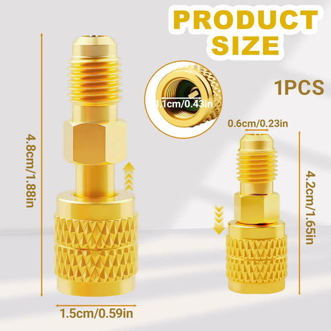Hella Durable R32 R454B Refrigerant Brass Adapter Featuring 1/4 Inch Internal Reverse Thread And Nonslip Handle Connector For No Hassle Split AC Work Tools, showing dimensions.