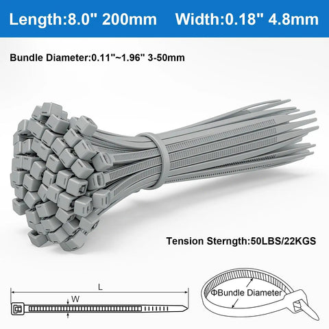 100 Pack 8 Inch Self Locking Nylon Cable Ties Heavy Duty Multipurpose 0.18 Inch Wide With 50 Lb Tensile Strength Gray