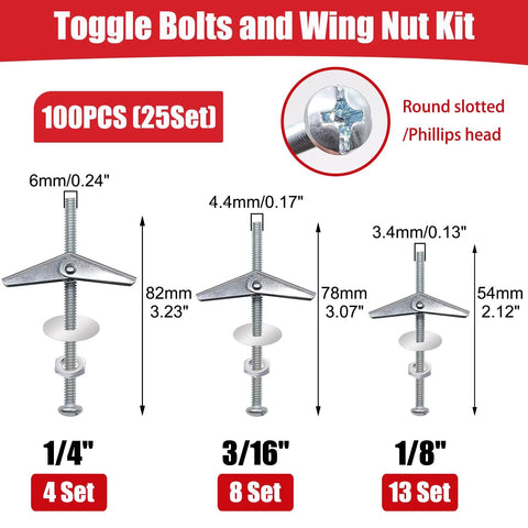 Diagram of Heavy Duty Drywall Toggle Bolts Kit With 100 Pieces Hollow Wall Anchors And Screws in three sizes: 1/8, 3/16, 1/4 inch.