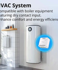 WiFi Mini D Smart Switch with Matter for dry contact, next to boiler in a home setting, showing compatibility with HVAC systems