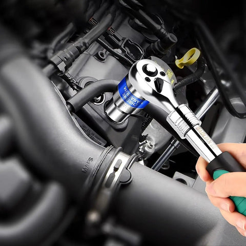 8 Piece Hex Socket Wrench Bit Set With No Slip Grip And Slick Chrome Finish Heavy Duty Precision Drive Bits used with a ratchet in an engine.