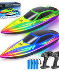 2 Pack Remote Control Boats Featuring 7-Mode LED Lights, 10 Inch RC Speedboats with controllers and batteries displayed