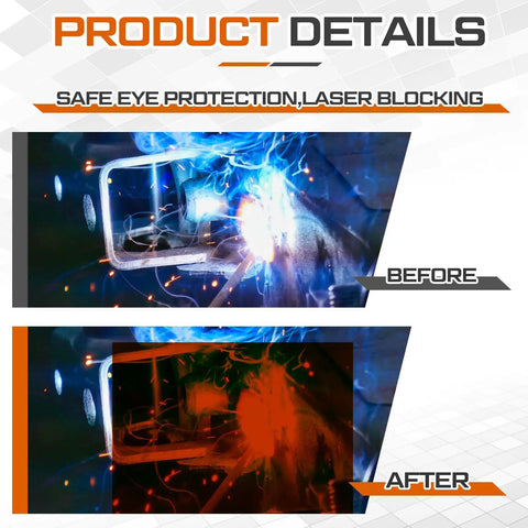 No Nonsense Heavy Duty Orange Laser Safety Shield Featuring Solid Optical Density Filter Blocking Harmful Ultraviolet And Blue Light Up To Five Forty Nm For Pro Shop Applications before and after comparison showing effective laser blocking.