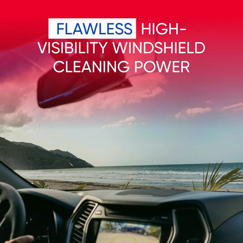 Heavy Duty One Gallon Windshield Washer Fluid With Tough Bug And Tar Blasting Blend For Darn Clean Streak Free Glass On Your Favorite Road Warrior Family Ride in car interior with ocean view.