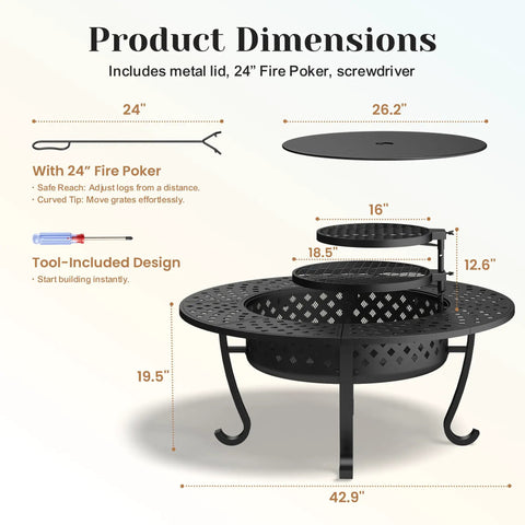 43 Inch Outdoor Fire Pit Table With Two Removable Grills, Lid, And Poker, showing dimensions and tool design features.