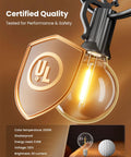 Close-up of LED Outdoor String Lights bulb with UL certified shield, highlighting Edison design and shatterproof quality in dim setting.