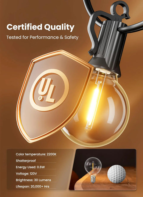 Close-up of LED Outdoor String Lights bulb with UL certified shield, highlighting Edison design and shatterproof quality in dim setting.