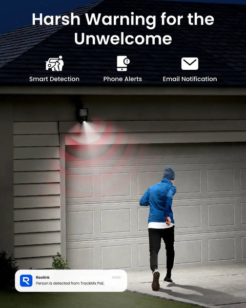 Smart detection by Power Over Ethernet PTZ Security Camera System With 4K Dual Lens on person near garage at night.