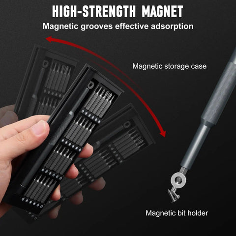 Top Tier 31 In 1 Precision Screwdriver Set Featuring Slick Magnetic Bits And Pry Tools in compact magnetic storage case.