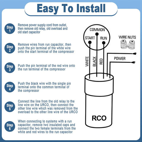 Installation steps for RCO410 3 In 1 Hard Start Capacitor Kit For Compressor with wire connections and diagram.