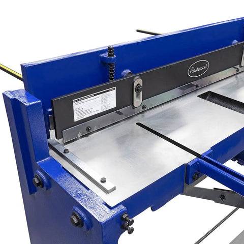 Heavy Duty Kickass Cast Iron Manual Stomp Shear Machine For Cutting Thick Sheet Metal And Aluminum Up To 14 Gauge With Razor Sharp Tool Steel Blades - top view of cutting area with metal surface.
