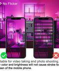 Two smartphones displaying the No Flicker feature under pink lighting, showcasing ideal photo suitability for Next Level Smart Bluetooth Led Flood Light With App Control 80 Watt 800W Equivalent Game Changer Ultra Bright 8000 Lumen Rgb Landscape Spots For Backyard And Patio.