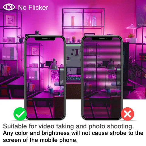 Two smartphones displaying the No Flicker feature under pink lighting, showcasing ideal photo suitability for Next Level Smart Bluetooth Led Flood Light With App Control 80 Watt 800W Equivalent Game Changer Ultra Bright 8000 Lumen Rgb Landscape Spots For Backyard And Patio.