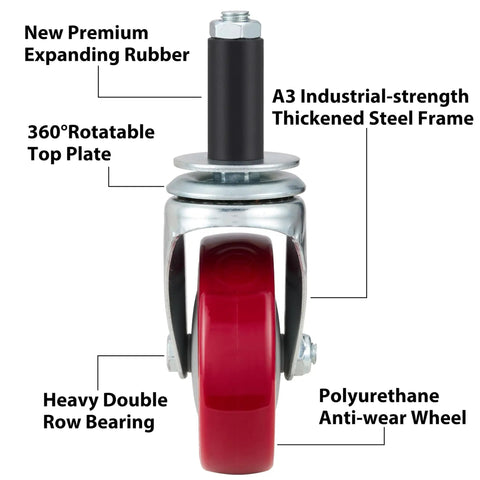 4 Inch Rock Solid Expanding Stem Casters Set of 4 No Bull Universal Tube Adapter Wheels featuring polyurethane wheel and thickened steel frame.