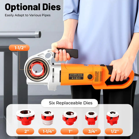 Portable 2300W Electric Pipe Threader With Copper Motor For Cutting And Threading Metal Plastic Pipes Includes Six Dies Ranging From One Half To Two Inches Plus Carrying Case Makes Job Super Easy Professional Grade Tool with six replaceable dies.