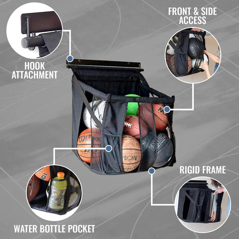 Heavy Duty Basketball Wall Mount Rock Solid Sports Ball Rack with front and side access, holds various sports balls and water bottle.