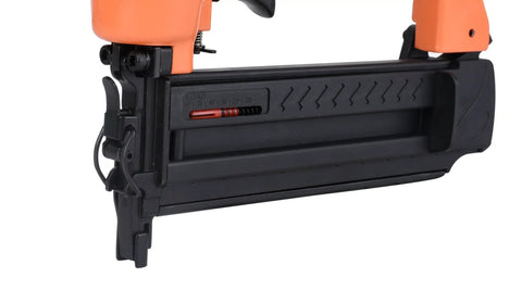 Close-up of Lightweight 18 Gauge Pneumatic Brad Nailer For Cabinetry And Finish Work, aluminum housing, quick jam release