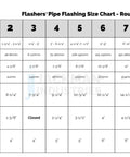 Size chart for Gray Silicone Roof Jack Flashing Boot For Round Pipe OD 5 to 9 Inches, showing dimensions for different flasher sizes.