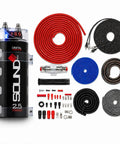 Heavy Duty 4 Gauge Amplifier Wiring Kit Paired With 2 Point 5 Farad Digital Capacitor includes power cables and connectors.