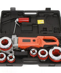 Heavy Duty Electric Pipe Threader Machine 2300W 110V Handheld Thread Kit with 6 Dies and accessories in a carrying case.