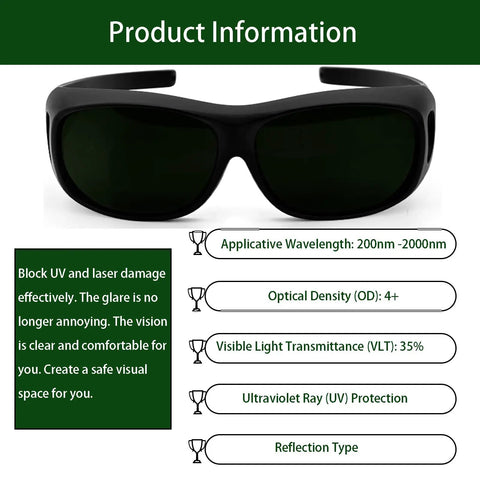 Heavy Duty Laser Protection IPL Safety Glasses With OD4 Plus Shade Rating, black polycarbonate frames, UV protection, clear vision.
