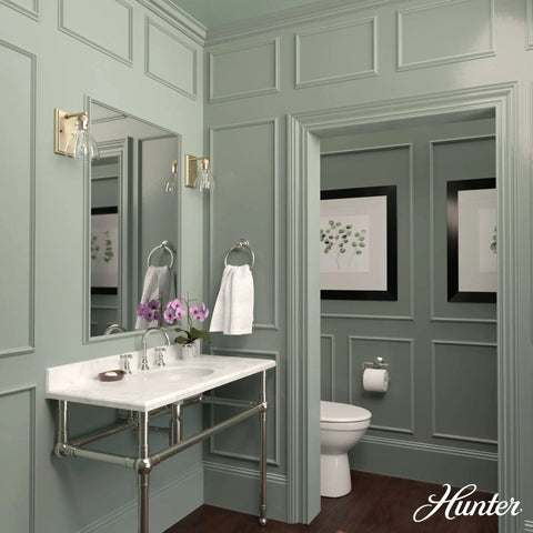 Bathroom with Alturas Gold 1 Light Sconce In A Medium Size Dimmable Wall Light With Transitional Style for ambient lighting.