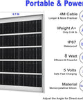 Rock Solid 8W Solar Panel Charger For Outdoor Security Cameras with USB C and Micro USB, showing dimensions and features.