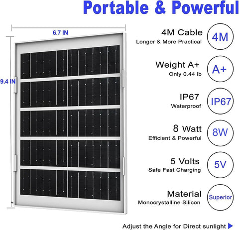 Rock Solid 8W Solar Panel Charger For Outdoor Security Cameras with USB C and Micro USB, showing dimensions and features.