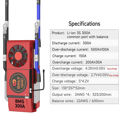 Rock Solid 12V 3S 300A Lithium Battery Protection Board PCB BMS specifications with fan and balance wires.
